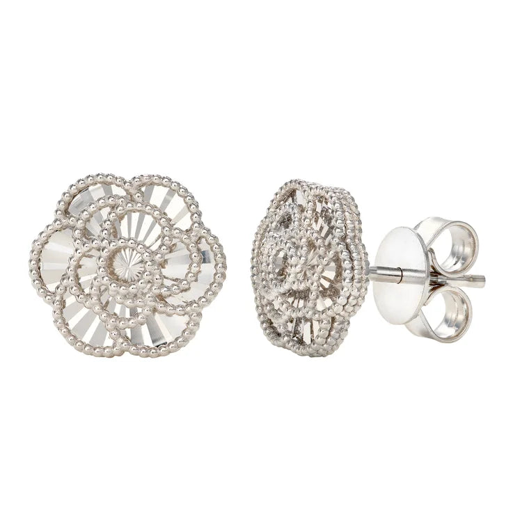 Diamond Cut Textured Flower Stud Earrings in White Gold product image 1